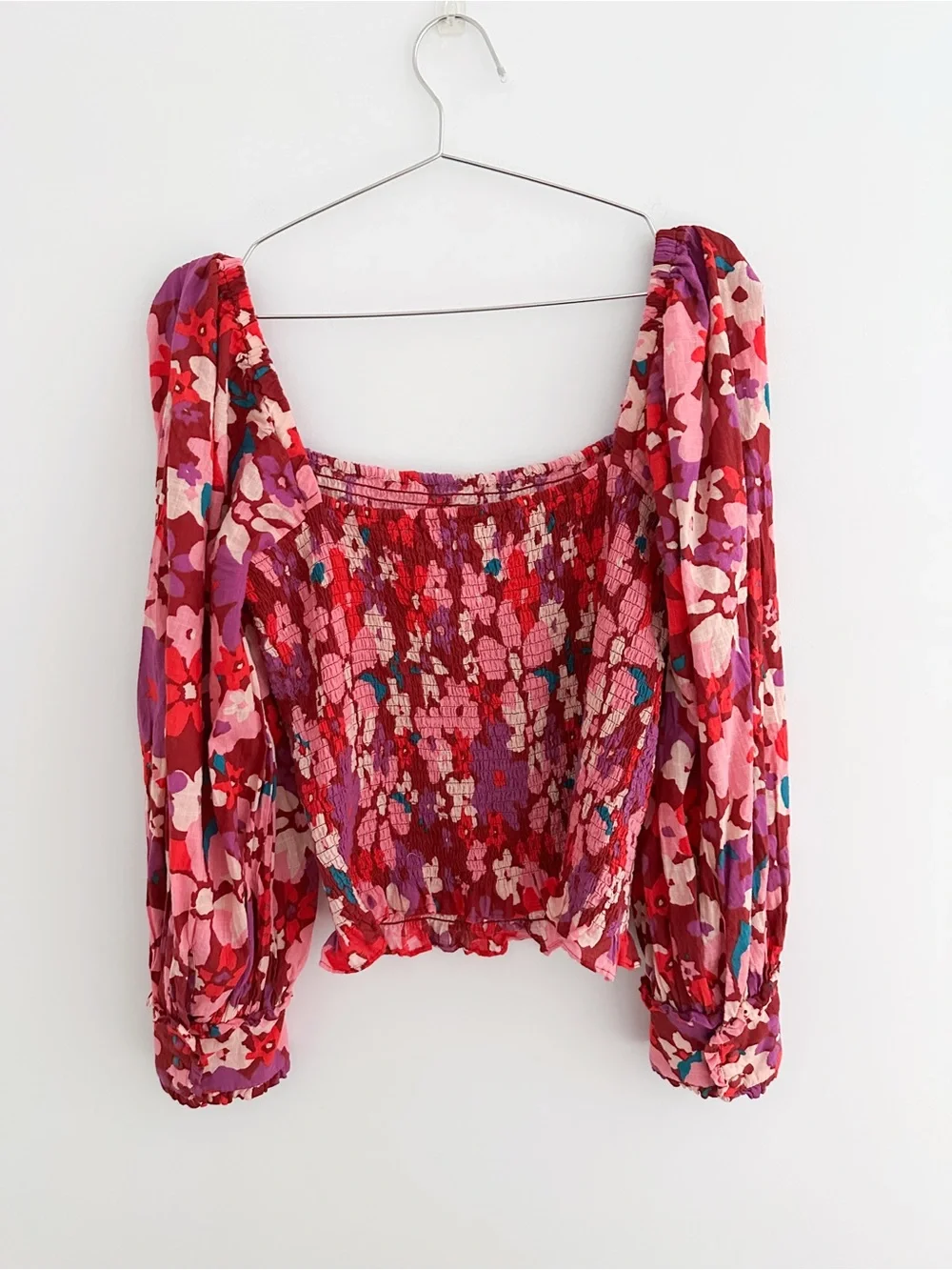 Free People Ariana Printed Top Floral Smocked Long Sleeve Feminine Boho Size L